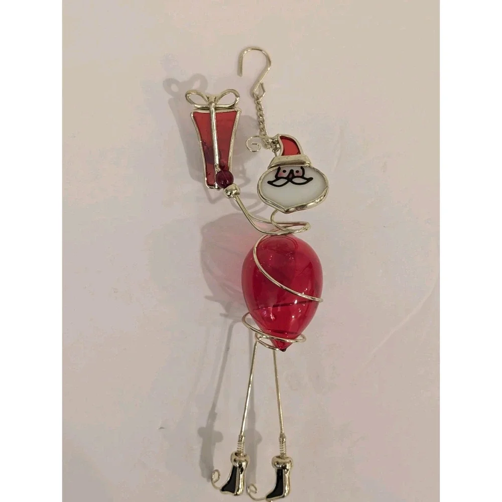 Wire Wrapped Stained Glass Hanging Santa Ornament Decor Acrylic Gold Tone 10